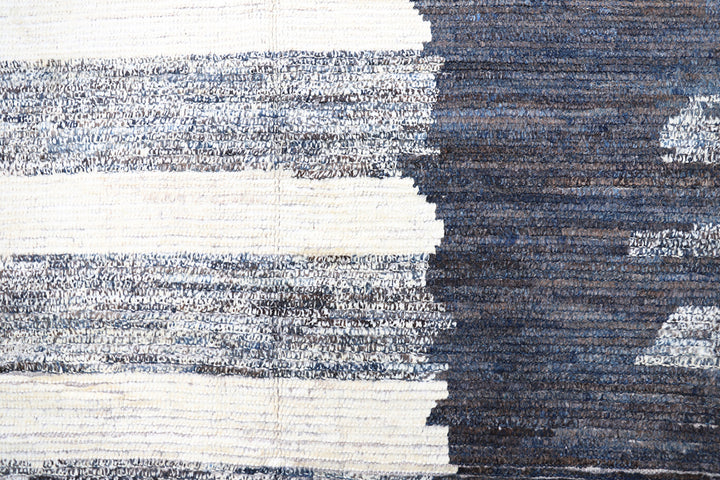 Authentic Ariana Barchi 9x12 Large Striped Moroccan Style Wool Rug in Grey, Ivory, Black, and Rust