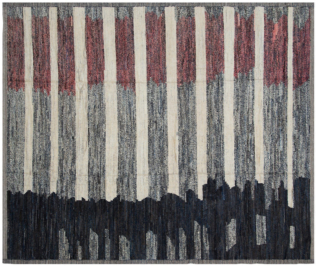 Authentic Ariana Barchi 9x12 Large Striped Moroccan Style Wool Rug in Grey, Ivory, Black, and Rust