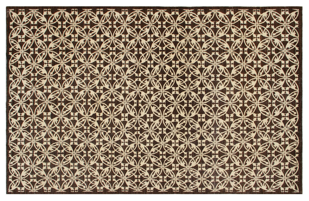 Authentic hand-knotted Afghan area rug from the Ariana Modern Collection, featuring a contemporary geometric design in dark brown and ivory organic wool.