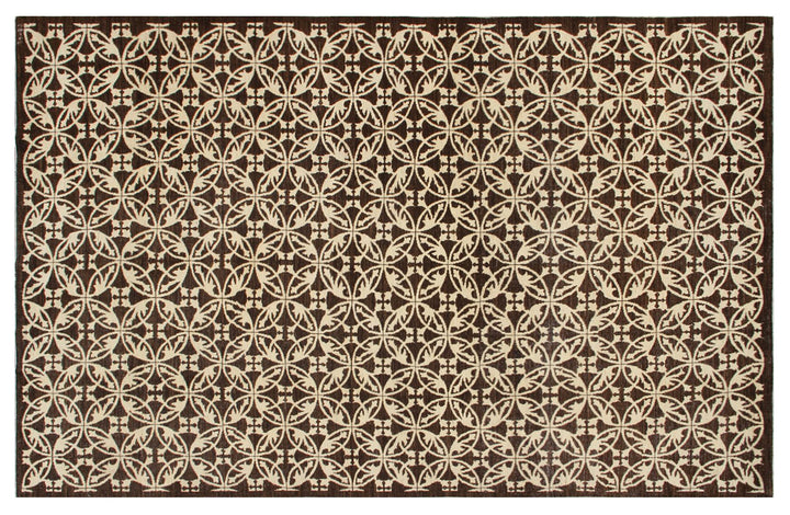 Authentic hand-knotted Afghan area rug from the Ariana Modern Collection, featuring a contemporary geometric design in dark brown and ivory organic wool.