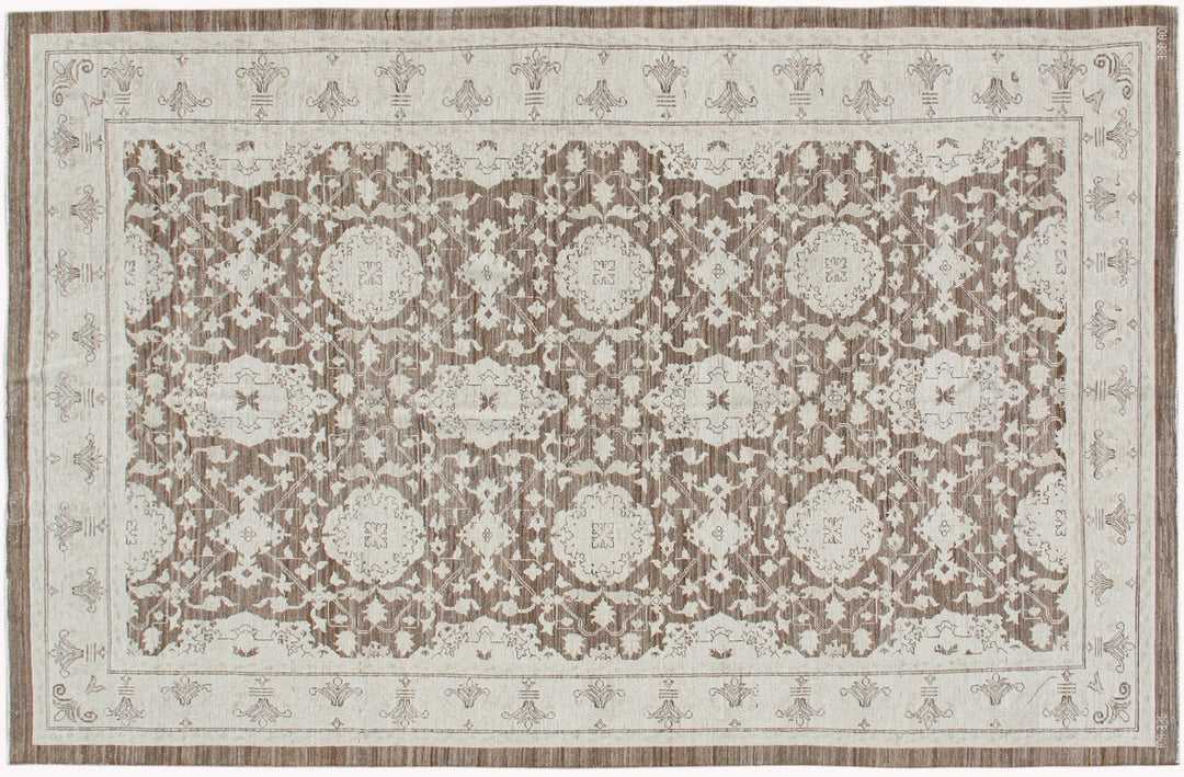 Authentic fine hand-knotted Afghan area rug from the Ariana Traditional Collection, featuring the Agra 505 design in a low-pile organic brown wool weave.