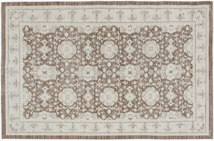 Authentic fine hand-knotted Afghan area rug from the Ariana Traditional Collection, featuring the Agra 505 design in a low-pile organic brown wool weave.