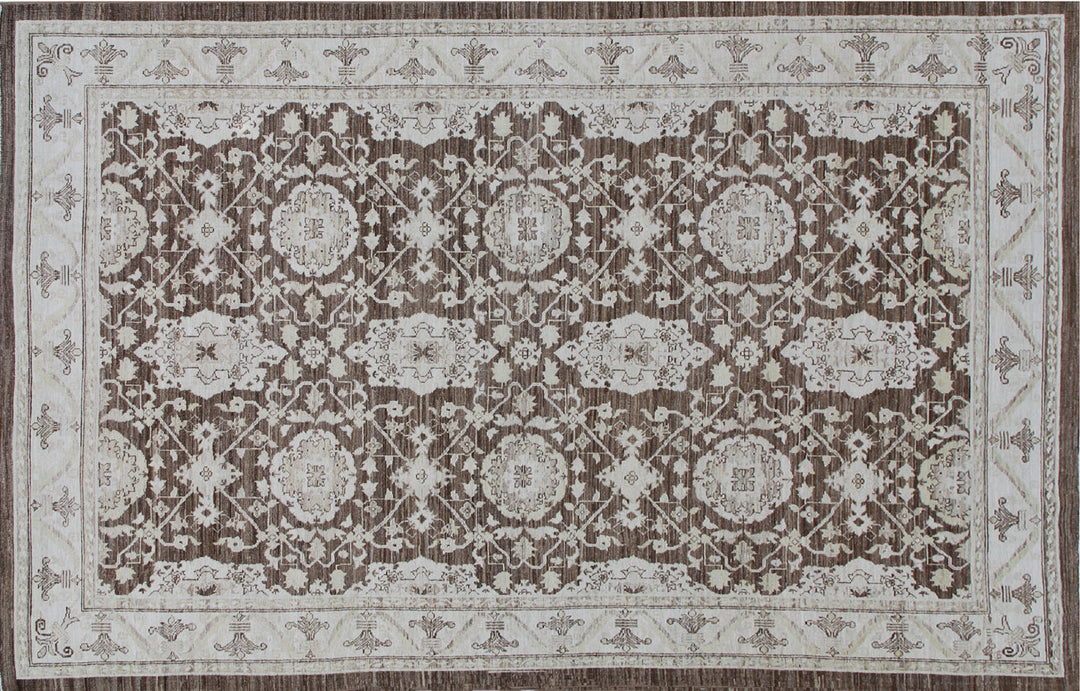 Authentic fine hand-knotted Afghan area rug from the Ariana Traditional Collection, featuring the Agra 505 brown design in low-pile warm brown and ivory organic wool.