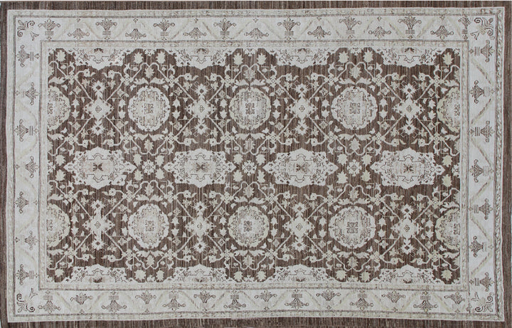 Authentic fine hand-knotted Afghan area rug from the Ariana Traditional Collection, featuring the Agra 505 brown design in low-pile warm brown and ivory organic wool.