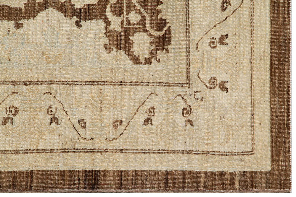 Authentic fine hand-knotted Afghan area rug from the Ariana Transitional Collection, featuring the Agra 505 design in low-pile brown and ivory organic wool.