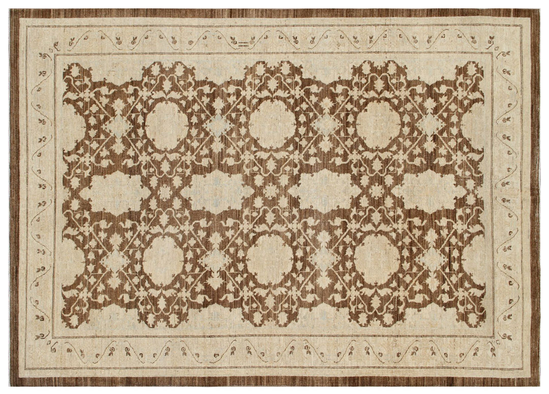 Authentic fine hand-knotted Afghan area rug from the Ariana Transitional Collection, featuring the Agra 505 design in low-pile brown and ivory organic wool.