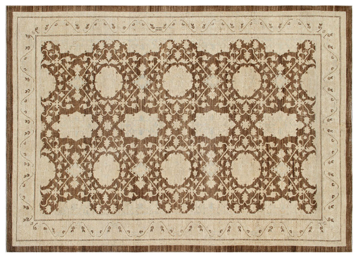 Authentic fine hand-knotted Afghan area rug from the Ariana Transitional Collection, featuring the Agra 505 design in low-pile brown and ivory organic wool.