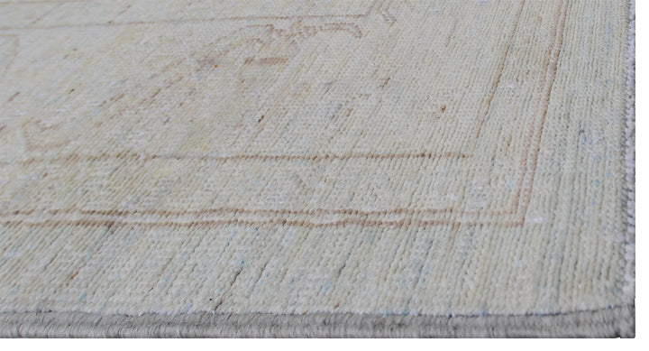 Authentic hand-knotted Afghan runner rug from the Ariana Transitional Collection, featuring the Agra 505 design in low-pile soft blue organic wool.