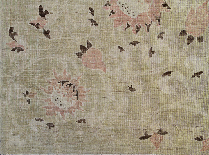 Authentic hand-knotted Afghan square rug from the Ariana Transitional Collection, featuring a traditional floral design in a thin-pile, soft goldish yellow organic wool weave.