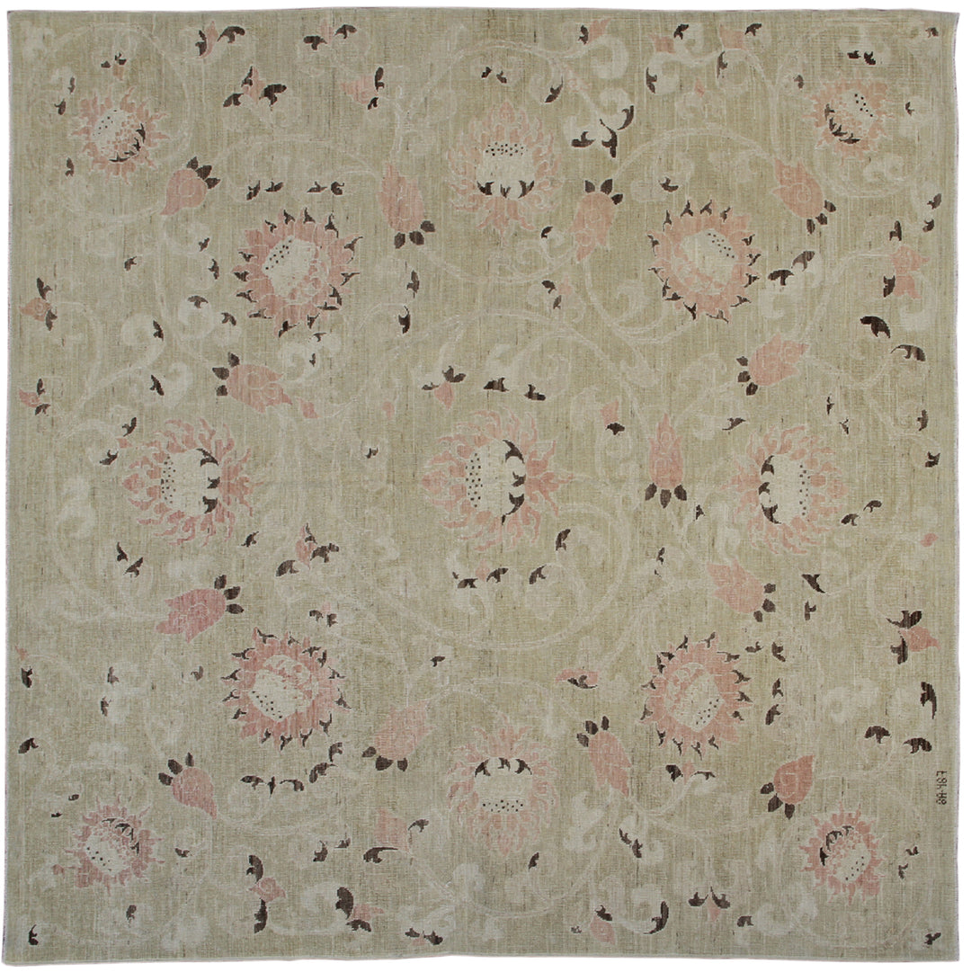 Authentic hand-knotted Afghan square rug from the Ariana Transitional Collection, featuring a traditional floral design in a thin-pile, soft goldish yellow organic wool weave.