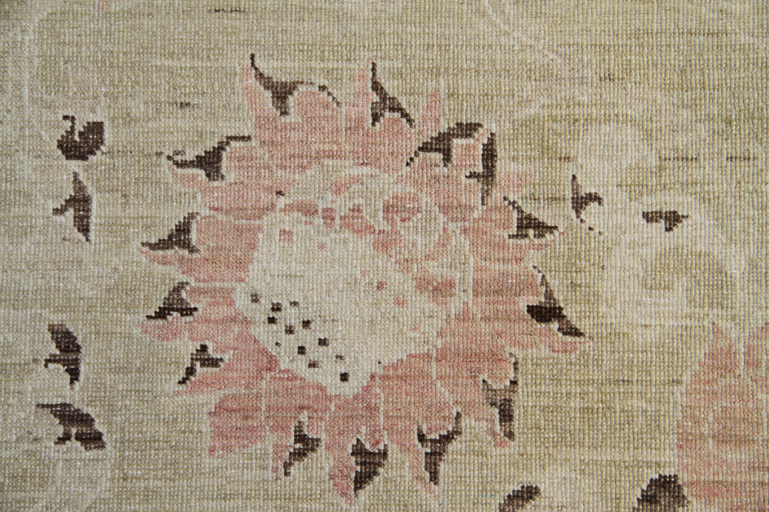 Authentic hand-knotted Afghan square rug from the Ariana Transitional Collection, featuring a traditional floral design in a thin-pile, soft goldish yellow organic wool weave.