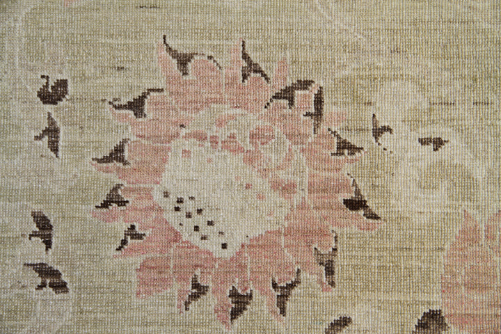 Authentic hand-knotted Afghan square rug from the Ariana Transitional Collection, featuring a traditional floral design in a thin-pile, soft goldish yellow organic wool weave.