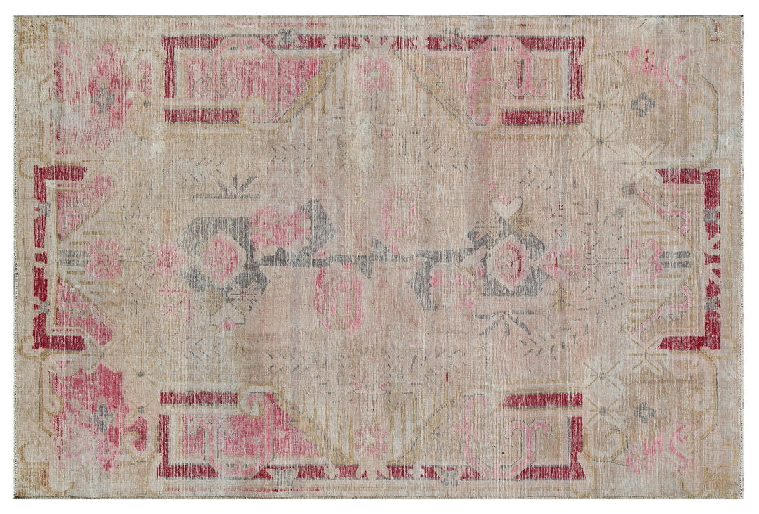 Antique Samarkand wool rug measuring 6'3" x 4'1" featuring a beige and pink color palette with a delicate faded floral design.