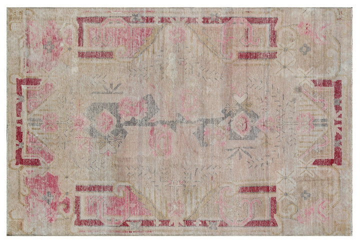 Antique Samarkand wool rug measuring 6'3" x 4'1" featuring a beige and pink color palette with a delicate faded floral design.