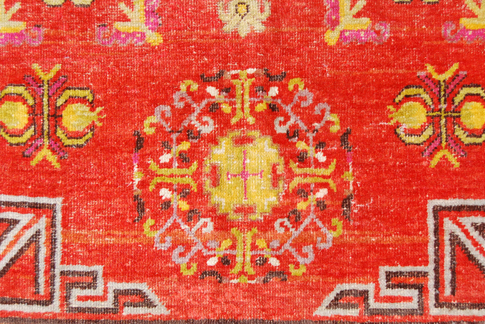5x10 Fine Handmade Antique Samarkand East Turkestan Wool Area Rug in Bright Red with Multiple Geometric Medallions and Yellow Borders Curated by Ariana Rugs