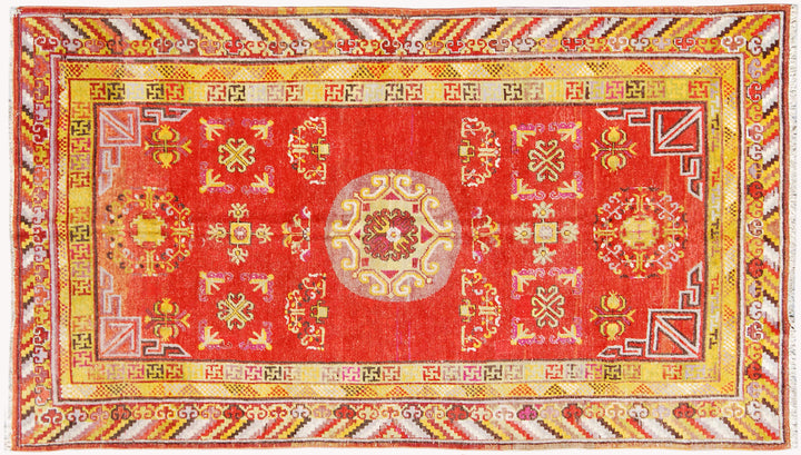 5x10 Fine Handmade Antique Samarkand East Turkestan Wool Area Rug in Bright Red with Multiple Geometric Medallions and Yellow Borders Curated by Ariana Rugs