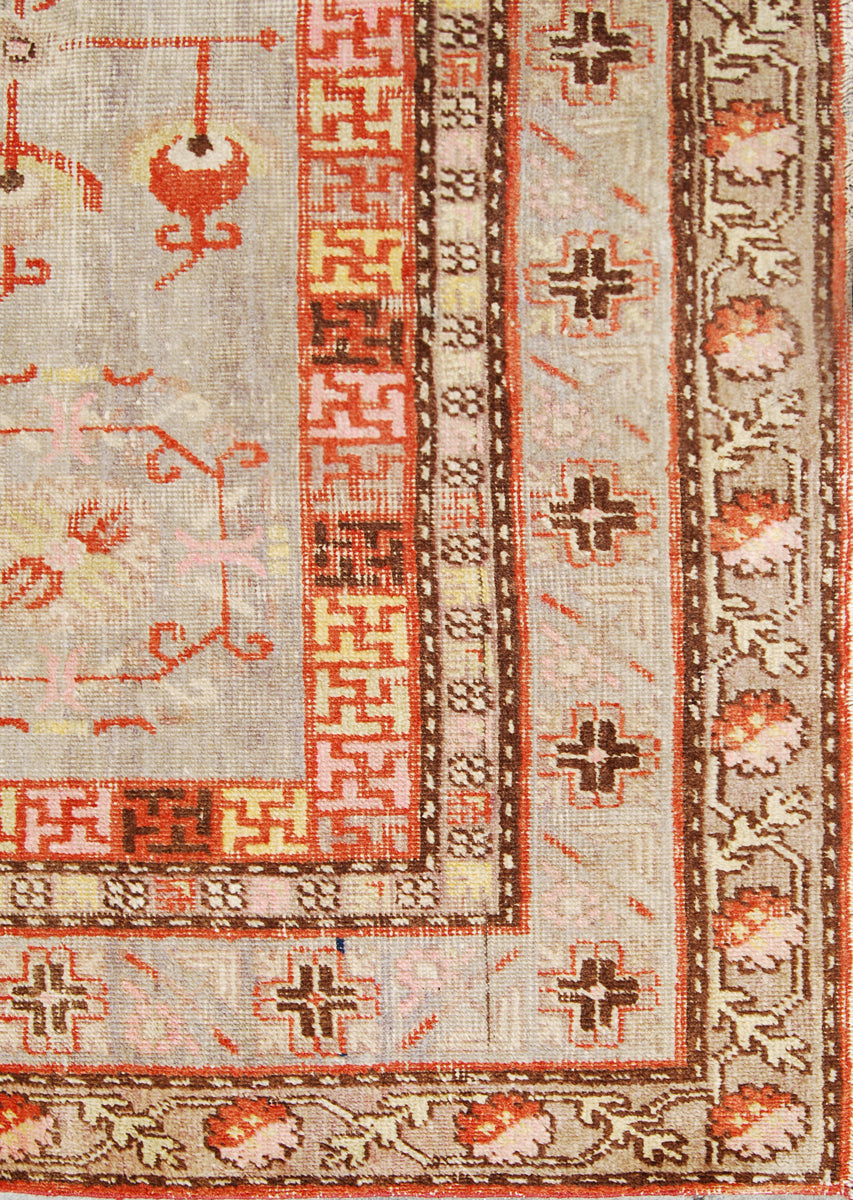 6x11 Fine Handmade Antique Samarkand East Turkestan Wool Area Rug in Soft Grey with Poppy Motifs and Soft Orange Borders Curated by Ariana Rugs