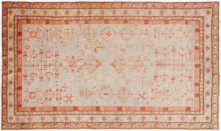 6x11 Fine Handmade Antique Samarkand East Turkestan Wool Area Rug in Soft Grey with Poppy Motifs and Soft Orange Borders Curated by Ariana Rugs