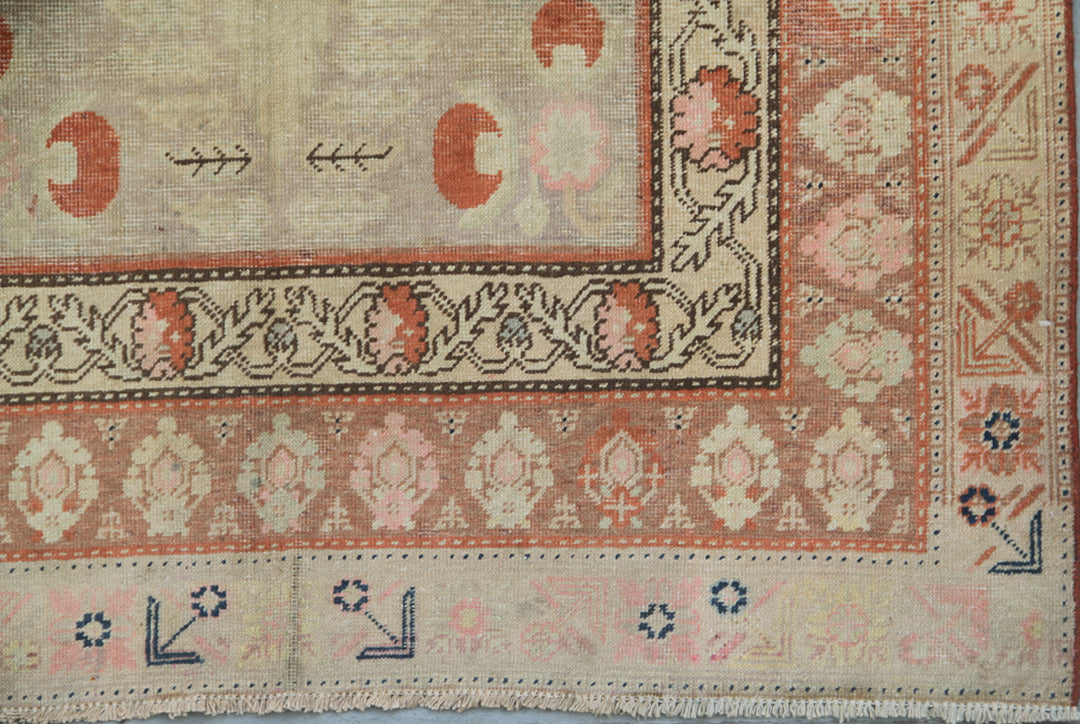 4x10 Fine Handmade Antique Samarkand Khotan East Turkestan Wool Runner Rug in Soft Grey and Orange Botanical Design Curated by Ariana Rugs