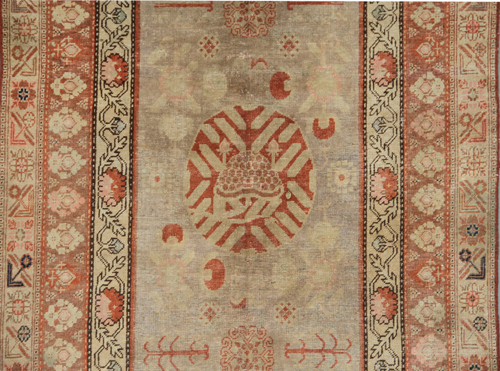 4x10 Fine Handmade Antique Samarkand Khotan East Turkestan Wool Runner Rug in Soft Grey and Orange Botanical Design Curated by Ariana Rugs