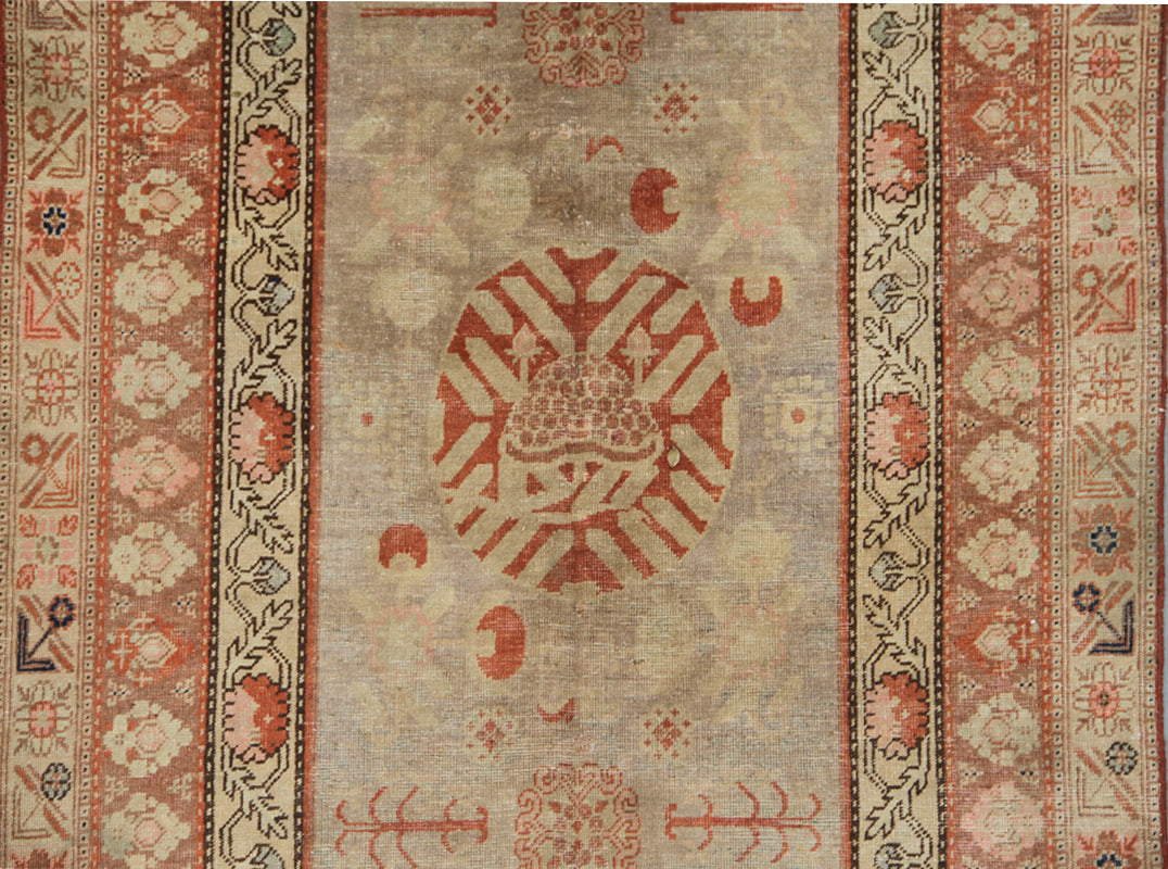 4x10 Fine Handmade Antique Samarkand Khotan East Turkestan Wool Runner Rug in Soft Grey and Orange Botanical Design Curated by Ariana Rugs