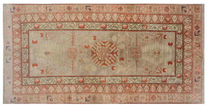 4x10 Fine Handmade Antique Samarkand Khotan East Turkestan Wool Runner Rug in Soft Grey and Orange Botanical Design Curated by Ariana Rugs