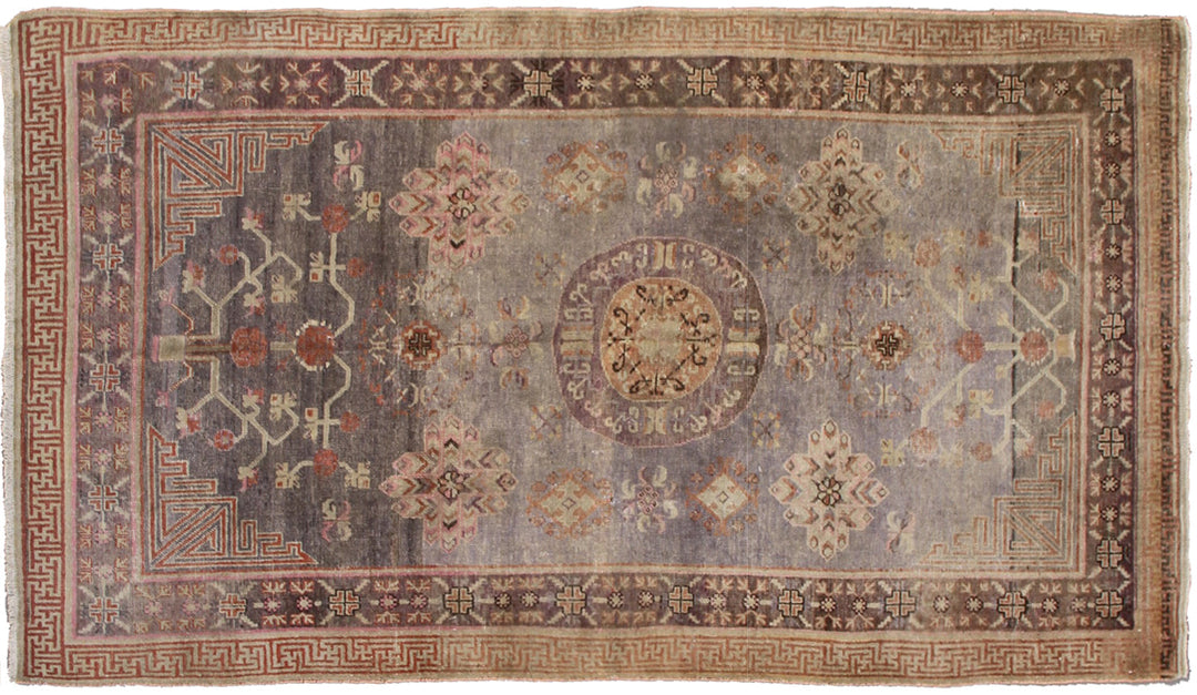 4x8 Fine Handmade Antique Samarkand Khotan East Turkestan Wool Area Rug in Soft Purplish Grey with Center Medallion Curated by Ariana Rugs