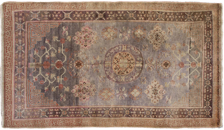 4x8 Fine Handmade Antique Samarkand Khotan East Turkestan Wool Area Rug in Soft Purplish Grey with Center Medallion Curated by Ariana Rugs