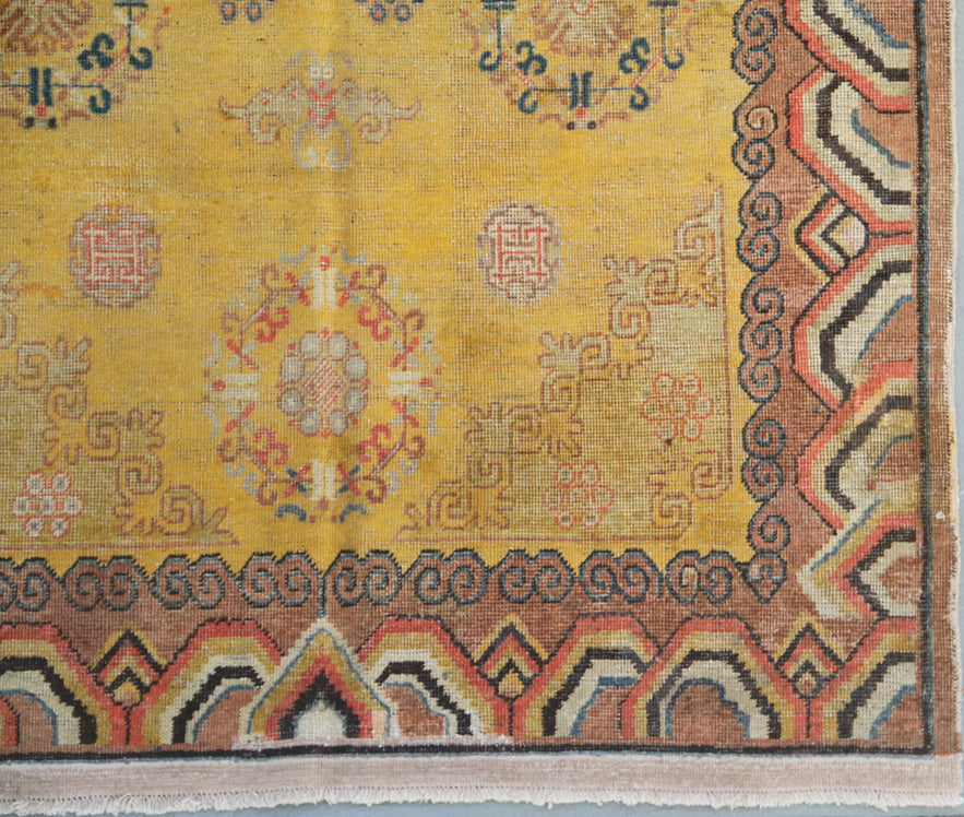 5x8 Fine Handmade Antique Samarkand Khotan East Turkestan Wool Area Rug in Yellow Medallion with Cloud Band Border Curated by Ariana Rugs