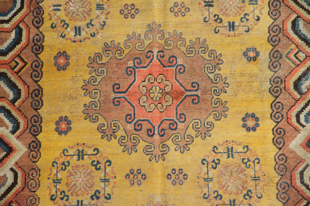 5x8 Fine Handmade Antique Samarkand Khotan East Turkestan Wool Area Rug in Yellow Medallion with Cloud Band Border Curated by Ariana Rugs