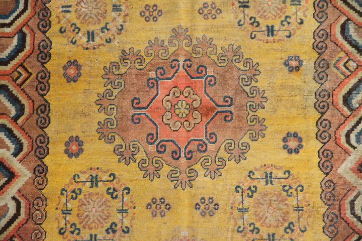 5x8 Fine Handmade Antique Samarkand Khotan East Turkestan Wool Area Rug in Yellow Medallion with Cloud Band Border Curated by Ariana Rugs