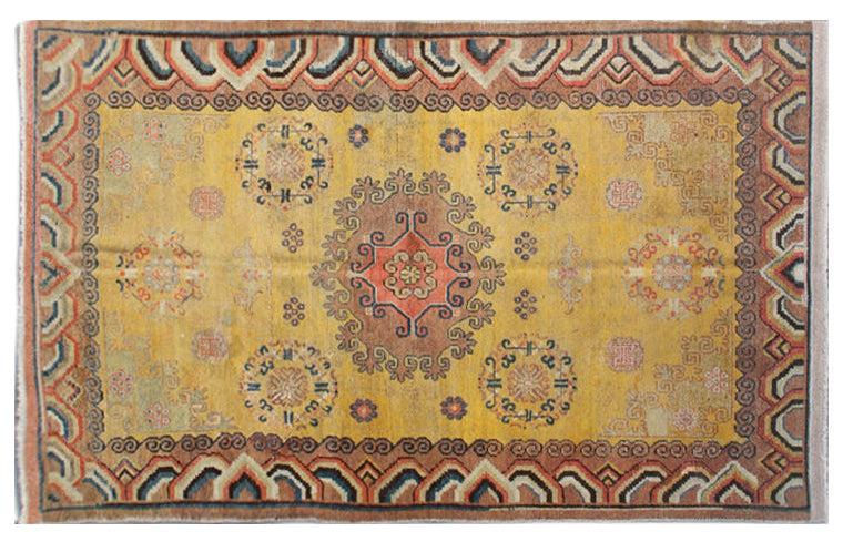 5x8 Fine Handmade Antique Samarkand Khotan East Turkestan Wool Area Rug in Yellow Medallion with Cloud Band Border Curated by Ariana Rugs