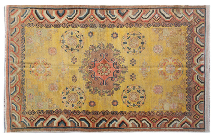 5x8 Fine Handmade Antique Samarkand Khotan East Turkestan Wool Area Rug in Yellow Medallion with Cloud Band Border Curated by Ariana Rugs