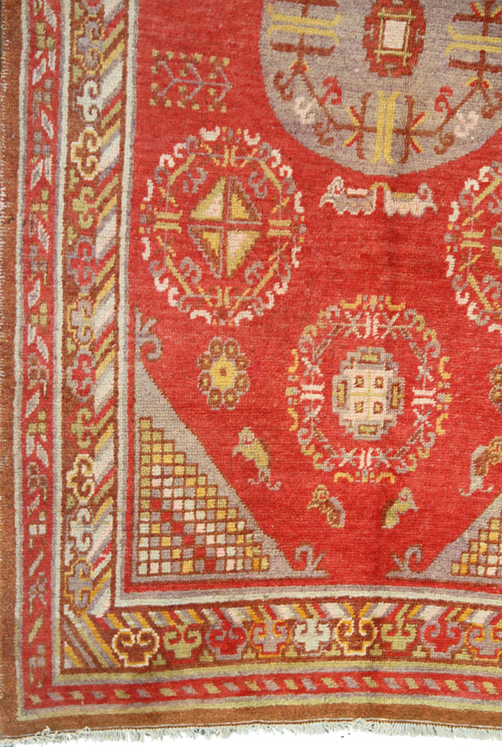 4x8 Fine Handmade Antique Samarkand East Turkestan Wool Area Rug in Orangish Red with Central Medallion and Soft Border Accents Curated by Ariana Rugs