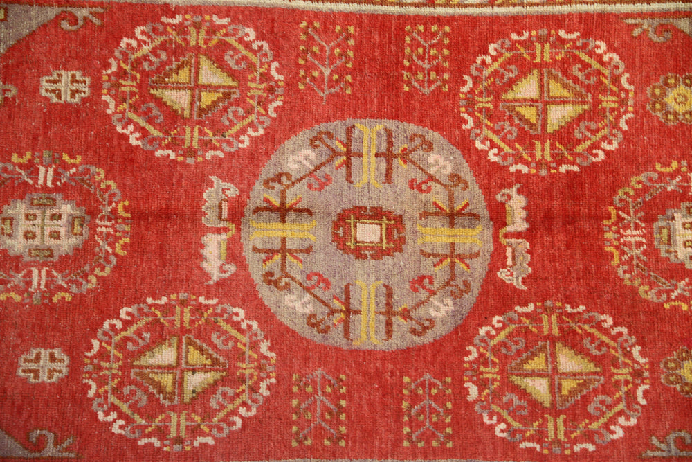 4x8 Fine Handmade Antique Samarkand East Turkestan Wool Area Rug in Orangish Red with Central Medallion and Soft Border Accents Curated by Ariana Rugs