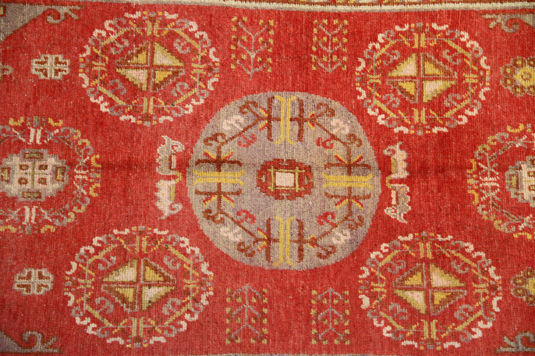4x8 Fine Handmade Antique Samarkand East Turkestan Wool Area Rug in Orangish Red with Central Medallion and Soft Border Accents Curated by Ariana Rugs