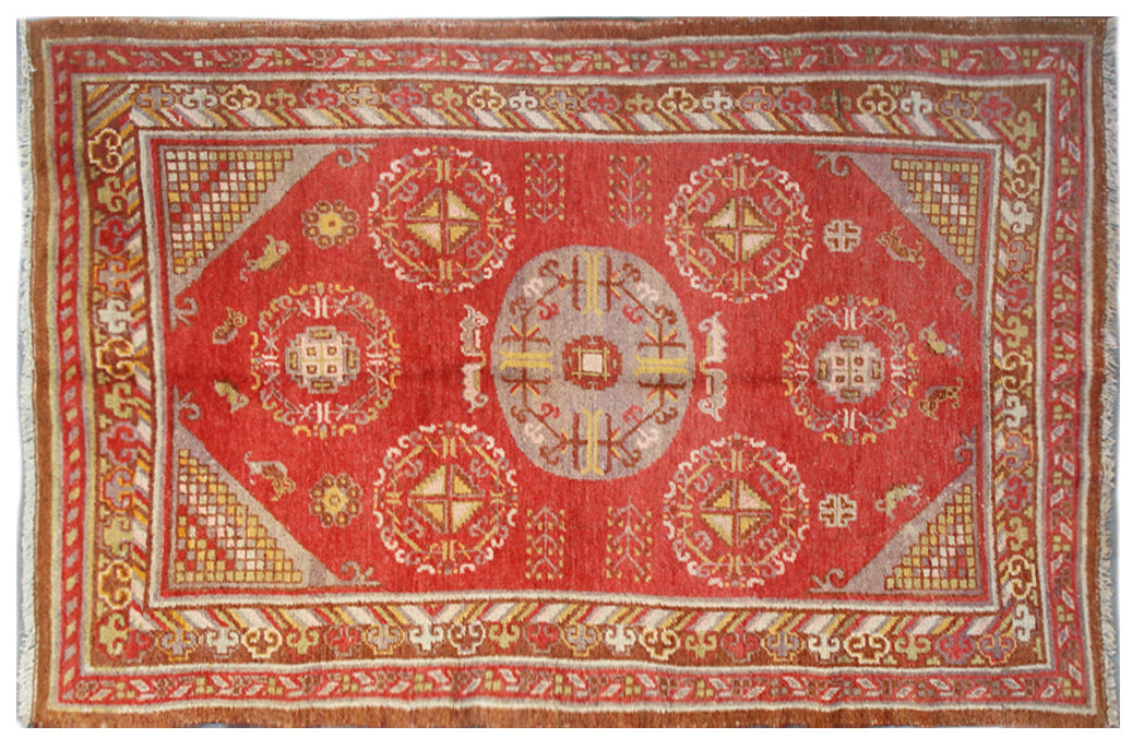 4x8 Fine Handmade Antique Samarkand East Turkestan Wool Area Rug in Orangish Red with Central Medallion and Soft Border Accents Curated by Ariana Rugs