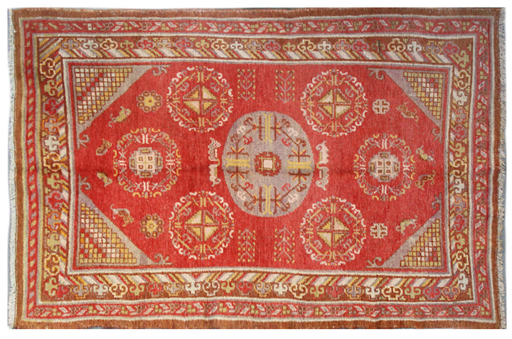 4x8 Fine Handmade Antique Samarkand East Turkestan Wool Area Rug in Orangish Red with Central Medallion and Soft Border Accents Curated by Ariana Rugs