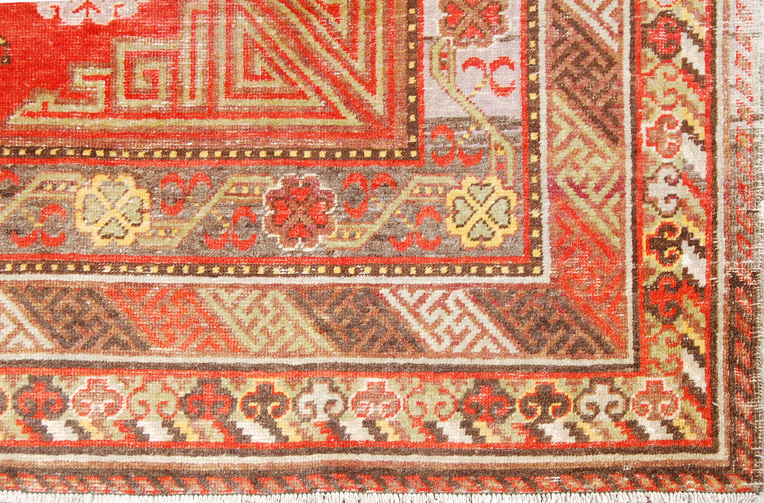 7x13 Fine Handmade Antique Samarkand East Turkestan Wool Area Rug in Rich Red with Three Large Poppy Medallions Curated by Ariana Rugs