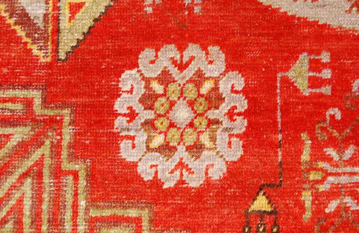 7x13 Fine Handmade Antique Samarkand East Turkestan Wool Area Rug in Rich Red with Three Large Poppy Medallions Curated by Ariana Rugs