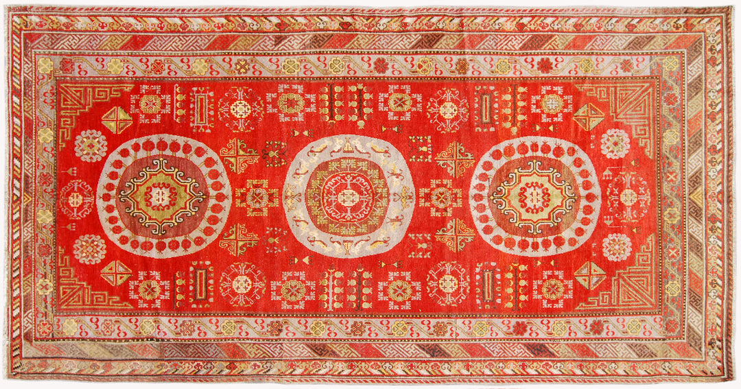 7x13 Fine Handmade Antique Samarkand East Turkestan Wool Area Rug in Rich Red with Three Large Poppy Medallions Curated by Ariana Rugs