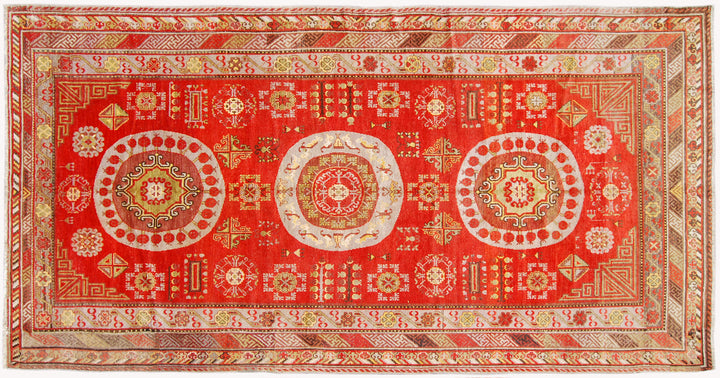 7x13 Fine Handmade Antique Samarkand East Turkestan Wool Area Rug in Rich Red with Three Large Poppy Medallions Curated by Ariana Rugs