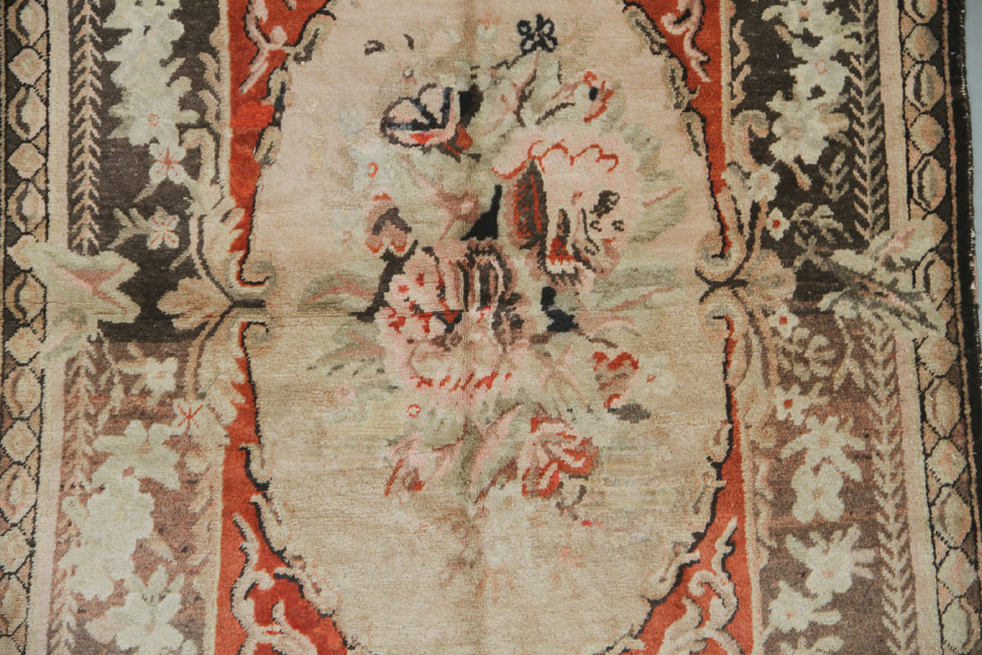 4x7 Fine Handmade Antique Samarkand Savonnerie Floral Wool Area Rug in Red and Ivory with Abrashed Charcoal Border Curated by Ariana Rugs