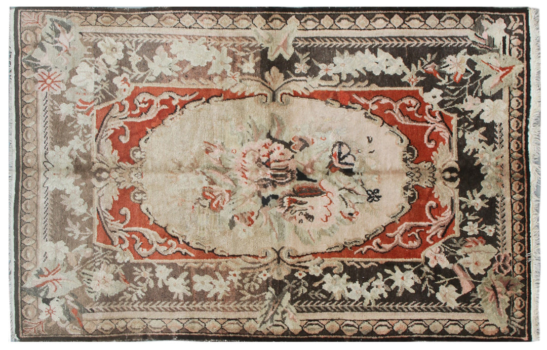 4x7 Fine Handmade Antique Samarkand Savonnerie Floral Wool Area Rug in Red and Ivory with Abrashed Charcoal Border Curated by Ariana Rugs