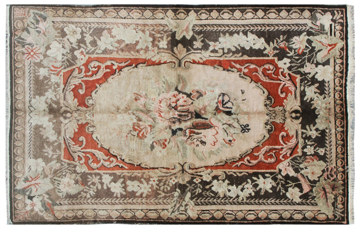 4x7 Fine Handmade Antique Samarkand Savonnerie Floral Wool Area Rug in Red and Ivory with Abrashed Charcoal Border Curated by Ariana Rugs