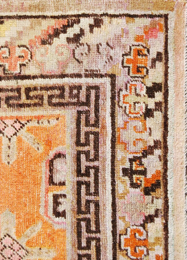 4x8 Fine Handmade Antique Samarkand East Turkestan Wool Area Rug in Orangish Terracotta with Geometric Floral Design and Cloud-band Border Curated by Ariana Rugs