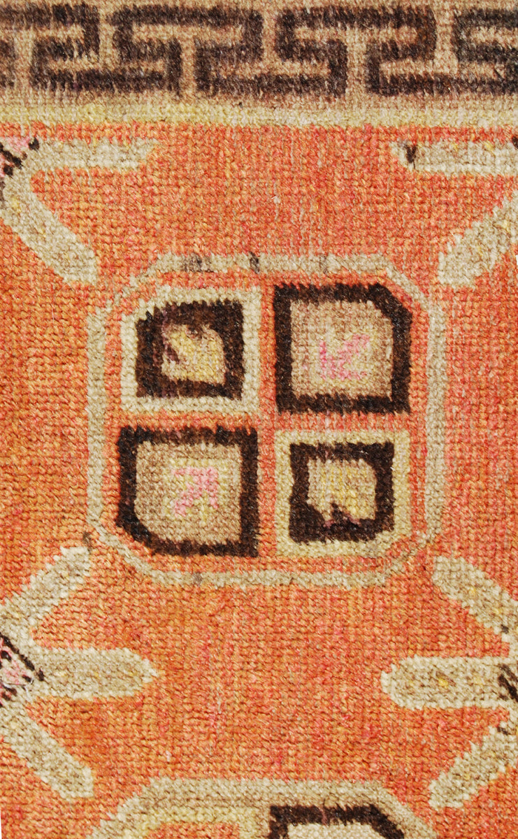 4x8 Fine Handmade Antique Samarkand East Turkestan Wool Area Rug in Orangish Terracotta with Geometric Floral Design and Cloud-band Border Curated by Ariana Rugs