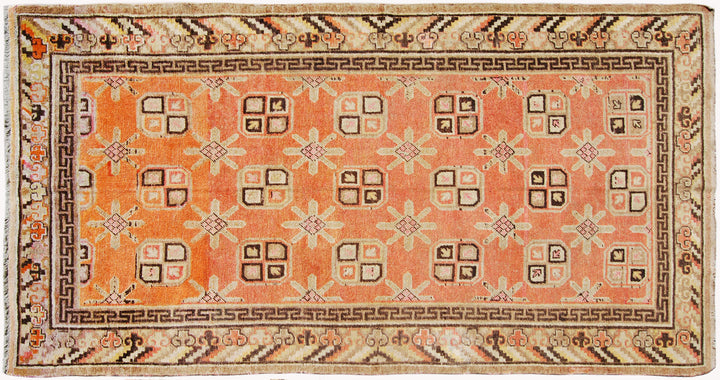 4x8 Fine Handmade Antique Samarkand East Turkestan Wool Area Rug in Orangish Terracotta with Geometric Floral Design and Cloudband Border Curated by Ariana Rugs