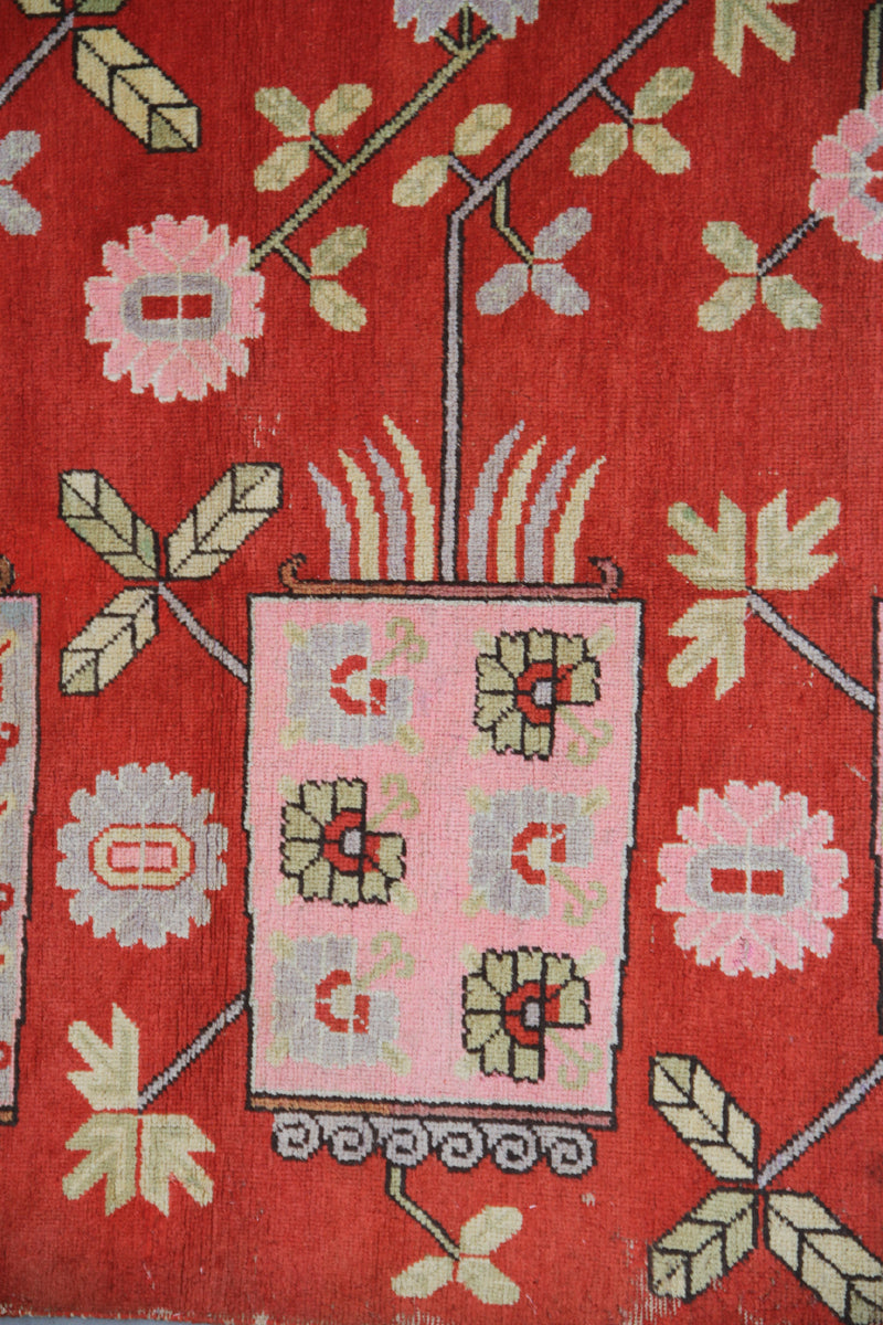 5x8 Fine Handmade Antique Samarkand East Turkestan Wool Area Rug in Orangish Red with Decorative Vase and Wildflower Design Curated by Ariana Rugs