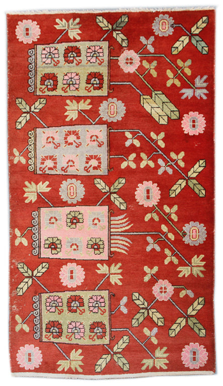 5x8 Fine Handmade Antique Samarkand East Turkestan Wool Area Rug in Orangish Red with Decorative Vase and Wildflower Design Curated by Ariana Rugs